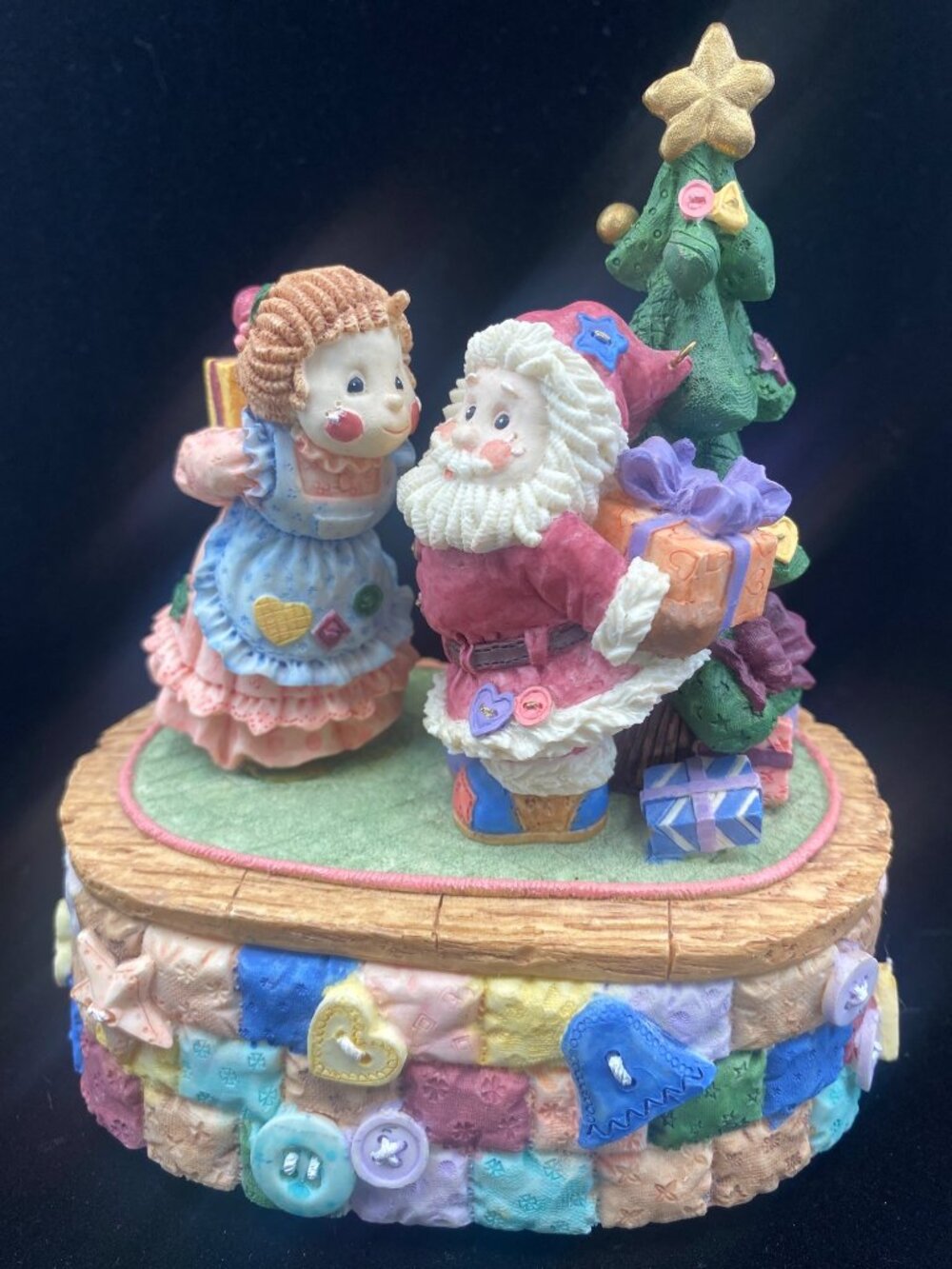 Santa Christmas Morning Music Box Figurine Stitch N Button Plays Jingle Bells